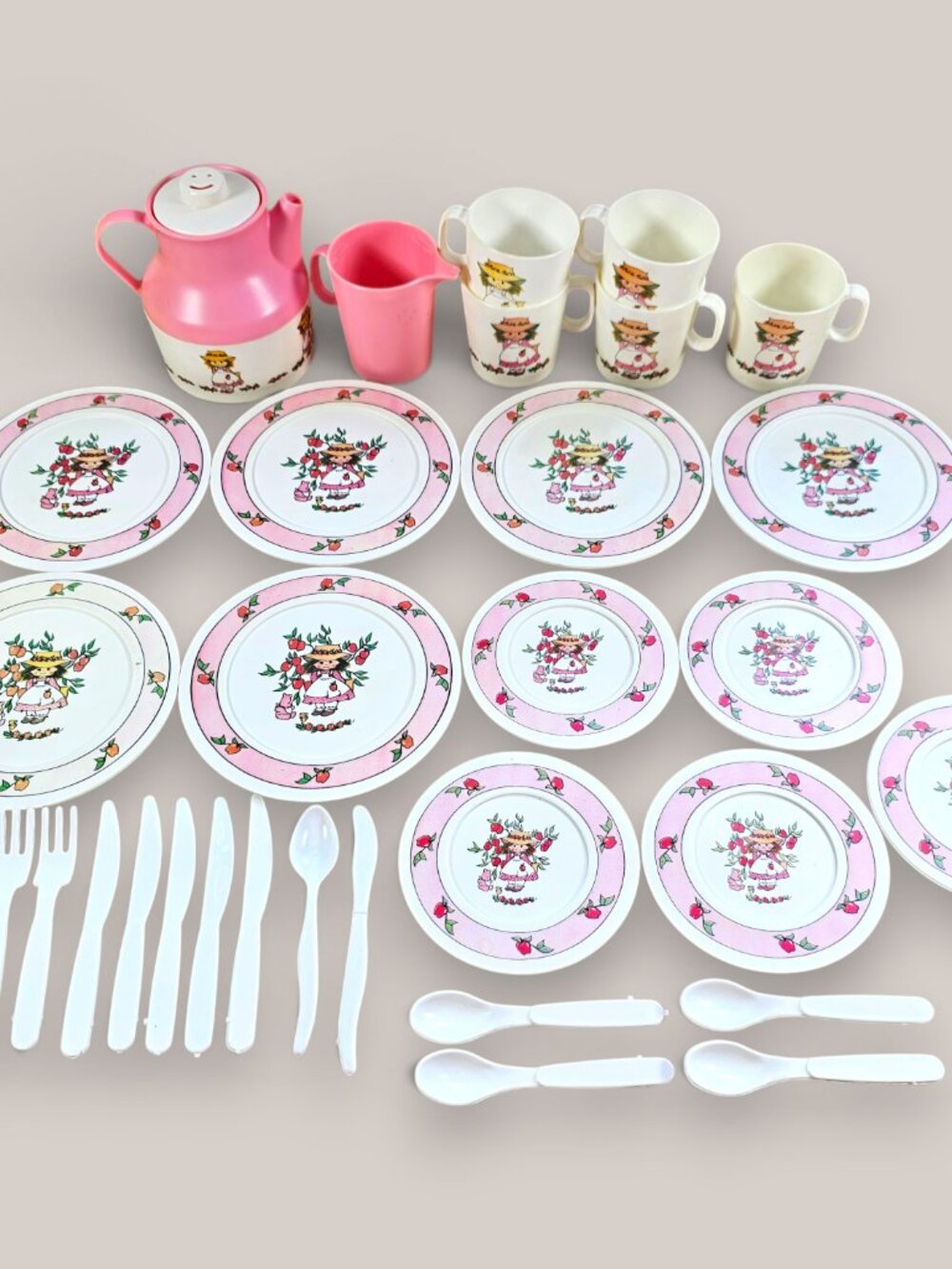 Chilton Globe Childrens Tea Party Set White Pink Apple Girl Plastic Vintage USA
